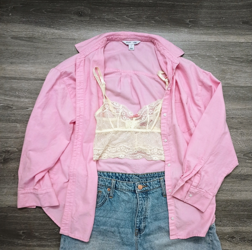 BUNDLE Pink Boyfriend Shirt, Betsey Johnson Bralette and Gap Vintage Style Short